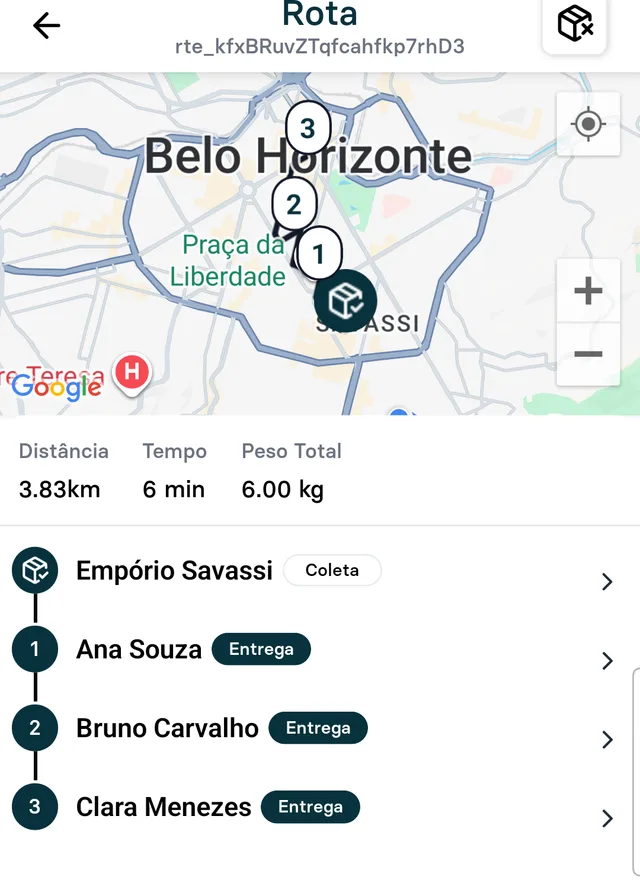 App do motorista com rota de entregas