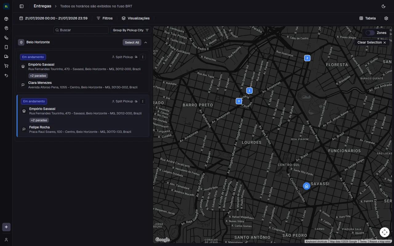 Portal com rotas de entrega no mapa